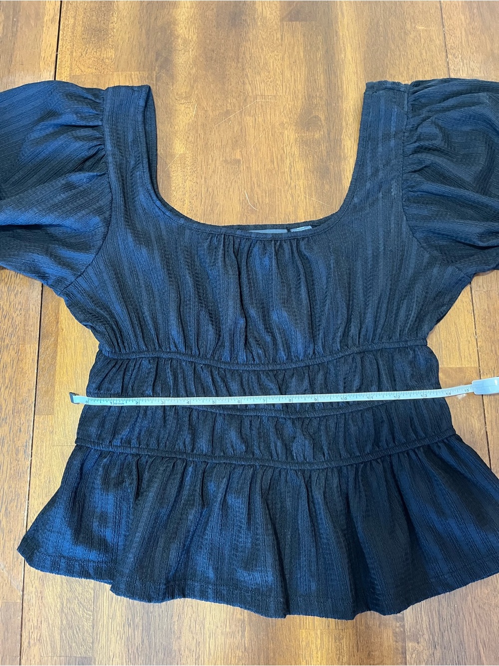 Maeve Anthropologie Black Smocked Peplum Blouse with Puff Sleeves - Picture 5 of 6